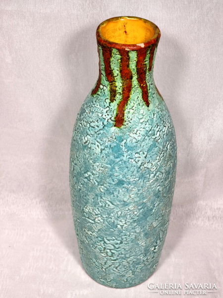 Imre Karda 1146 numbered turquoise vase with trickled decoration.