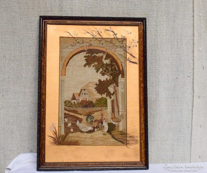 Antique silk embroidery tapestry picture framed painted passepartout 40 x 57 cm art nouveau hen house