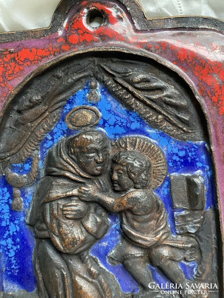 Church themed heavy copper alloy - fire enamel relief, wall picture