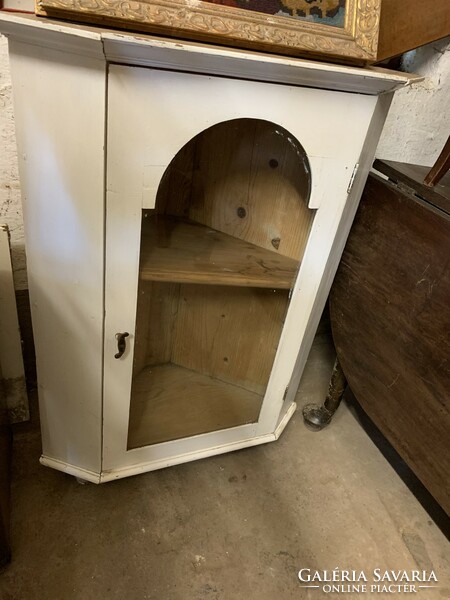 Vintage, wall-mounted, glass corner cabinet