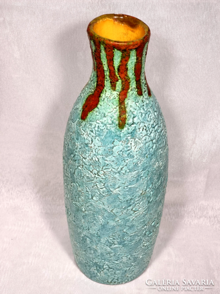 Imre Karda 1146 numbered turquoise vase with trickled decoration.