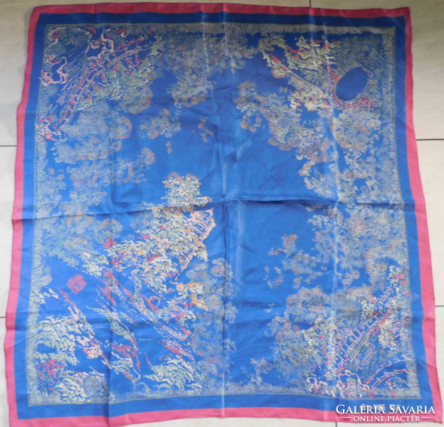 Caterpillar silk scarf with Japanese garden, pagoda decor