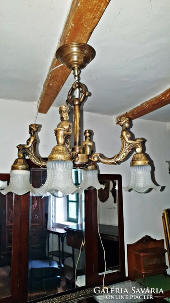 Figural, antique chandelier. 4 branches, 4 female figures. 4 Pcs. Flawless old white glass with hood.