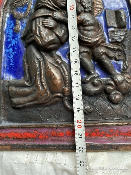 Church themed heavy copper alloy - fire enamel relief, wall picture