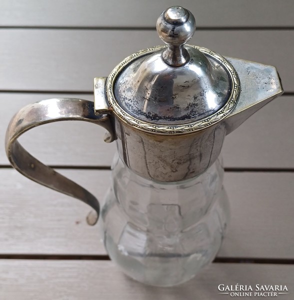 Beautiful antique carafe with lid, decanter with silver type blown glass art deco art deco