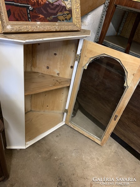 Vintage, wall-mounted, glass corner cabinet