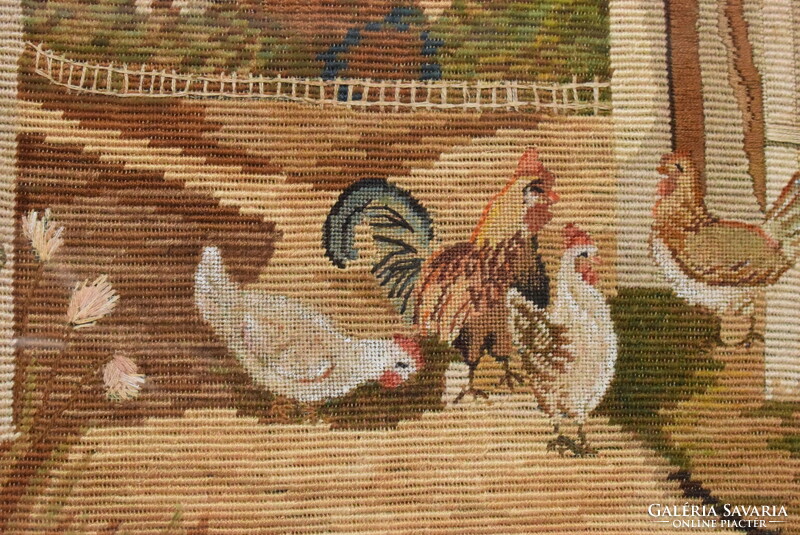 Antik selyem hímzés gobelin kép keretezett festett paszpartu 40 x 57 cm szecesszió tyúkudvar