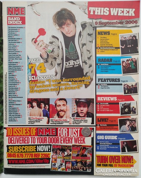 New musical express nme magazine 06/9/9 kasabian rapture gogol bordello fratellis meat loaf pulp kook