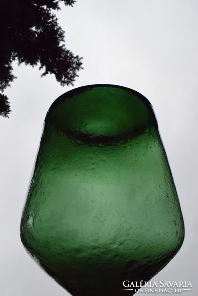 Antik légbuborékos zöld üveg ballon , demizson , üvegpalack 41 x 24 cm