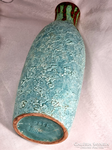 Imre Karda 1146 numbered turquoise vase with trickled decoration.