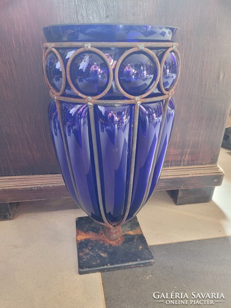 Antique Biedermeier thick blue glass vase