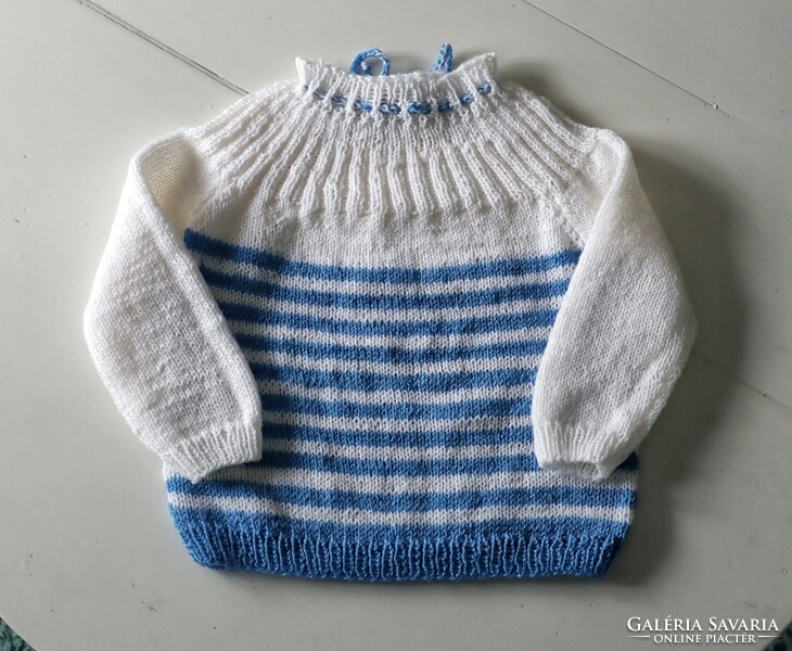 Hand-knitted baby girl sweater - blue white