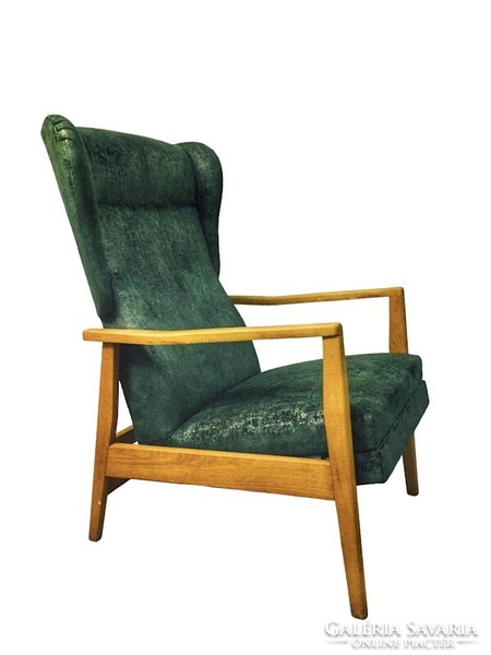 Mid Century Vintage Zöld bársony borítású pihenőfotel karfás szék lábtartóval 1960's - 50652