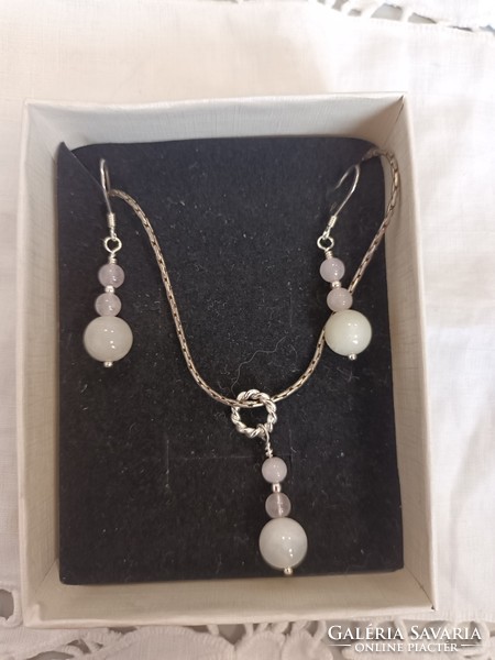 Beautiful handmade silver moonstone, rose quartz earrings, pendant chain set for sale!