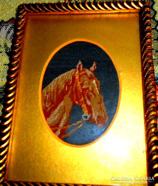 -Antik  tűgobelin-lóportré (nagyon apró kézi gobelin) kép keretezett szép kézműves munka