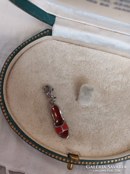 Old silver women's slipper-shaped medal with red enamel, charm for sale!