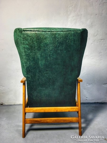 Mid Century Vintage Zöld bársony borítású pihenőfotel karfás szék lábtartóval 1960's - 50652