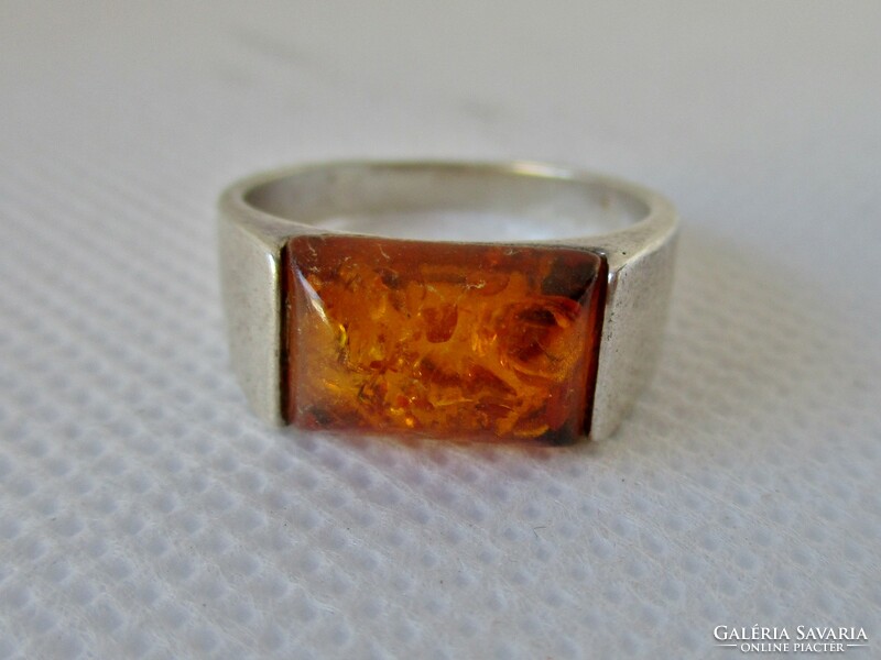 Special old handmade art deco silver ring with amber stones