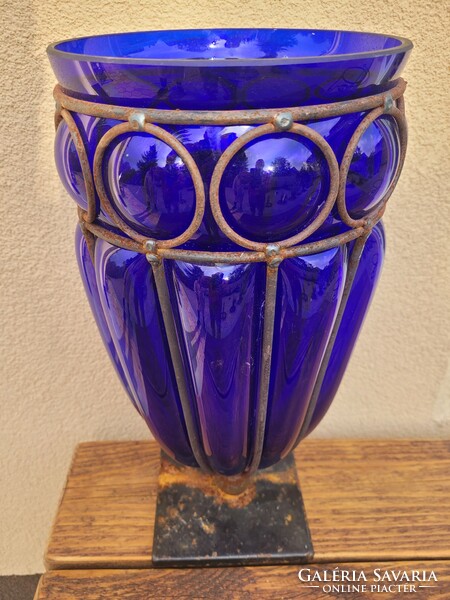 Antik Biedermeier vastag kék üveg váza