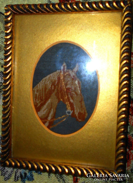-Antik  tűgobelin-lóportré (nagyon apró kézi gobelin) kép keretezett szép kézműves munka