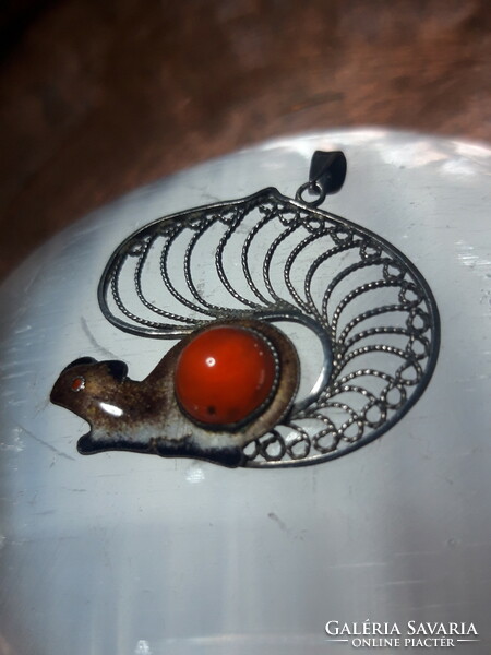 Old filigree silver squirrel pendant - decorated with carnelian and fire enamel