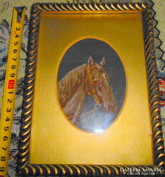 -Antique needle tapestry horse portrait (very tiny hand tapestry) framed by beautiful craft work