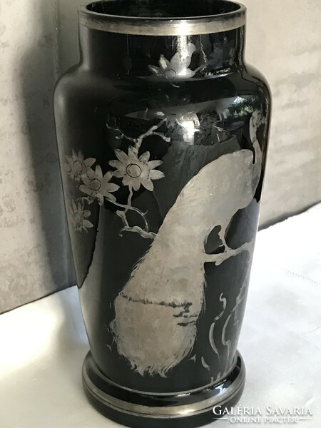 Antique Czech black glass vase with silver hand painting, 23 cm high