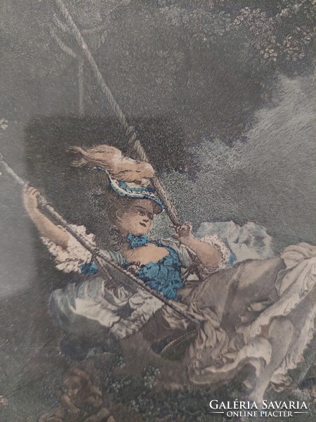 Francia nyomat hintázó - rokokó nemesi  hölgy 1900 as évek eleje 41 x 31 cm