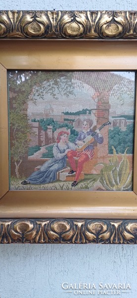 Antique windy gilded picture frame, needle tapestry with colorful masterpiece Romeo and Juliet theme, Italian style!