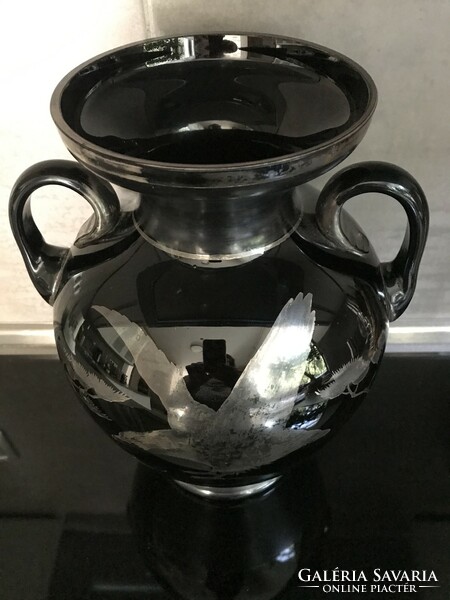 Antique Czech black glass amphora vase with hand-painted silver pattern, 34 cm high