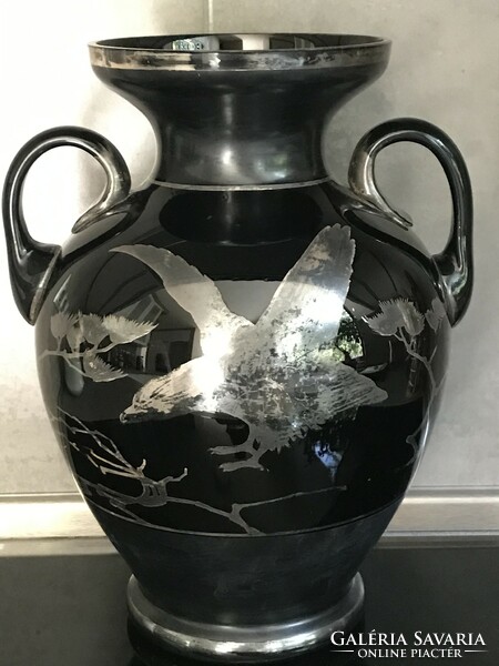 Antique Czech black glass amphora vase with hand-painted silver pattern, 34 cm high