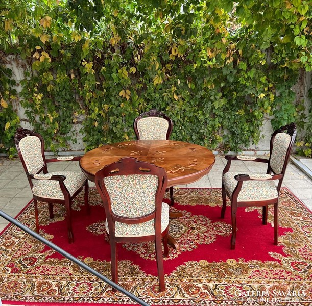 Antique style marquetry dining / meeting table with 4 upholstered chairs