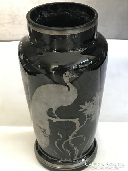 Antique Czech black glass vase with silver hand painting, 23 cm high