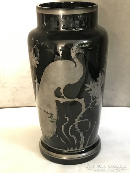 Antique Czech black glass vase with silver hand painting, 23 cm high