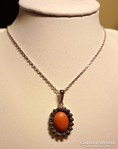 Silver marcasite coral necklace