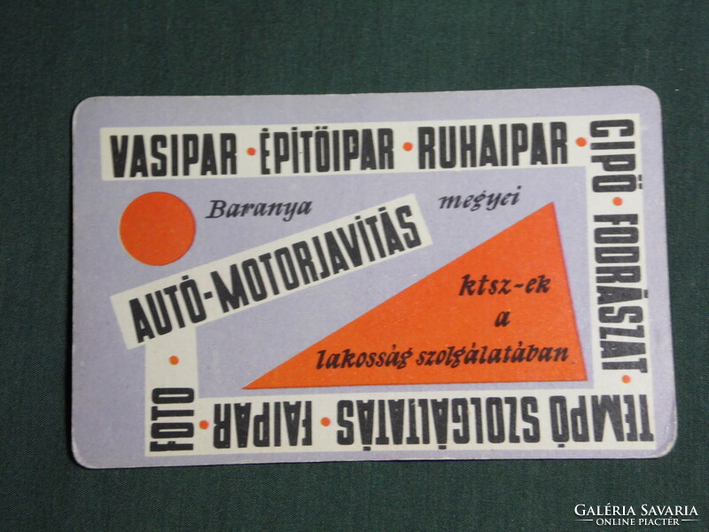 Card calendar, Baranya county social services, hairdresser, construction industry, car service, 1968