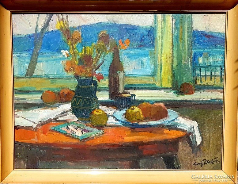 Göcseji Pataki Ferenc - Asztali csendélet kilátással Képcsarnokos festmény