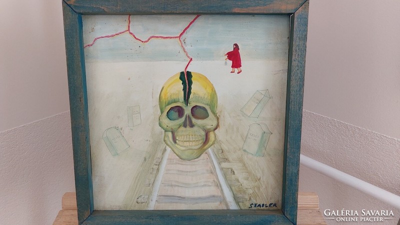(K) Stadler Zoltán absztrakt festmény 39x39 cm kerettel fémlemezre festve