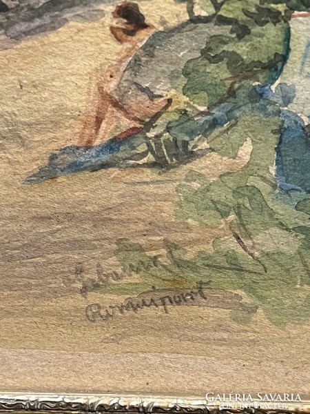 Gebauer Ernő (1882-1962) Római-part - Nosztalgikus akvarell alkotás antik keretben (számlát adunk)