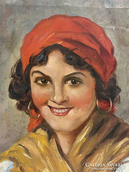 Szőllősy János (1884-?) Piros kendős nő (Erzsike), 1943 /olaj-vászon/ (számlát adunk)