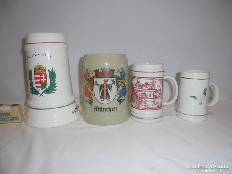 Four porcelain and ceramic beer mugs together - Alföldi, Hólloháza, German,... Címeres, dove,...