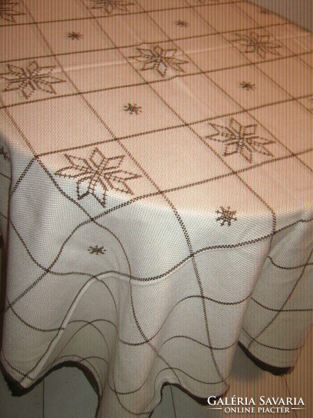 Beautiful elegant beige hand embroidered lacy edged woven tablecloth