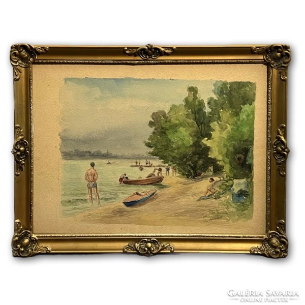 Ernő Gebauer (1882-1962) Roman coast - nostalgic watercolor work in an antique frame (invoice provided)