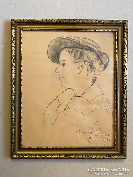1936- Gyula Os Rézmán (1911-) graphic portrait of a woman with a hat in an original gold-colored frame