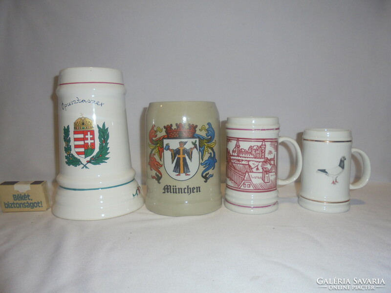 Four porcelain and ceramic beer mugs together - Alföldi, Hólloháza, German,... Címeres, dove,...