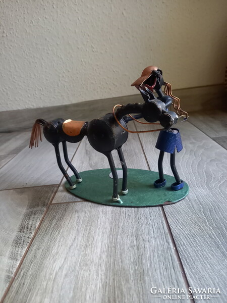 Interesting modern steel sculpture: woman with her horse (17.3x25x11 cm)