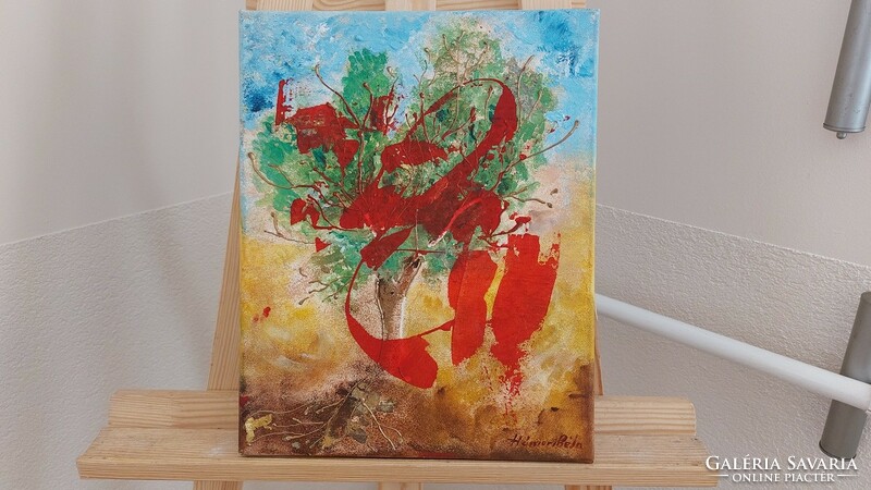 (K) Béla Hámori abstract painting with frame 27x35 cm