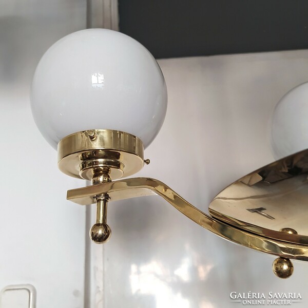 Art deco - streamlined 4-burner copper chandelier renovated - milk glass spherical shades - lampart