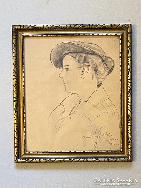 1936- Gyula Os Rézmán (1911-) graphic portrait of a woman with a hat in an original gold-colored frame