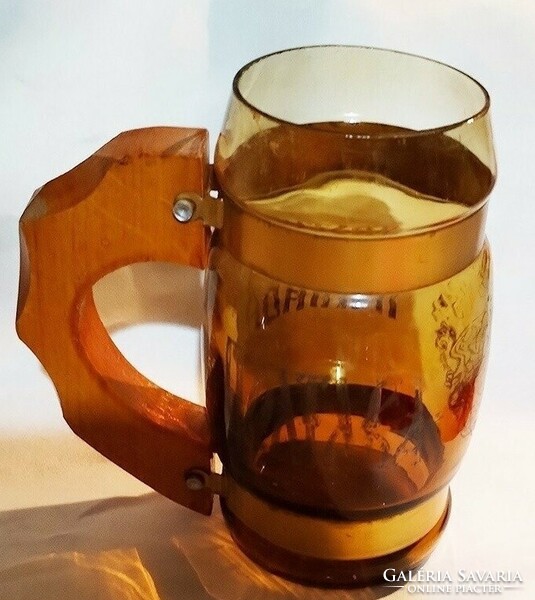 Retro old glass with wooden handle 13 cm beer cup mug for collectors